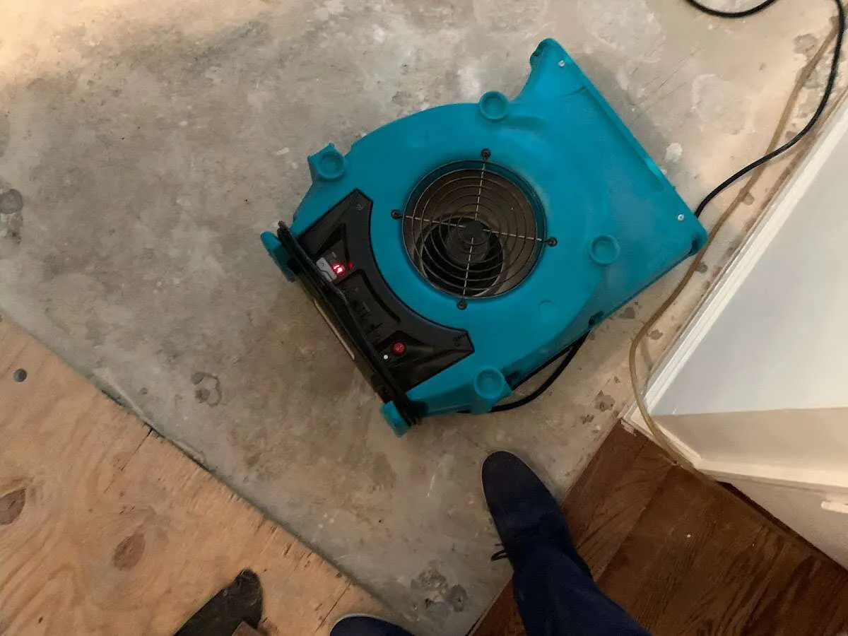 Air mover drying subfloor during Leak Detection & Repair in Gloucester City